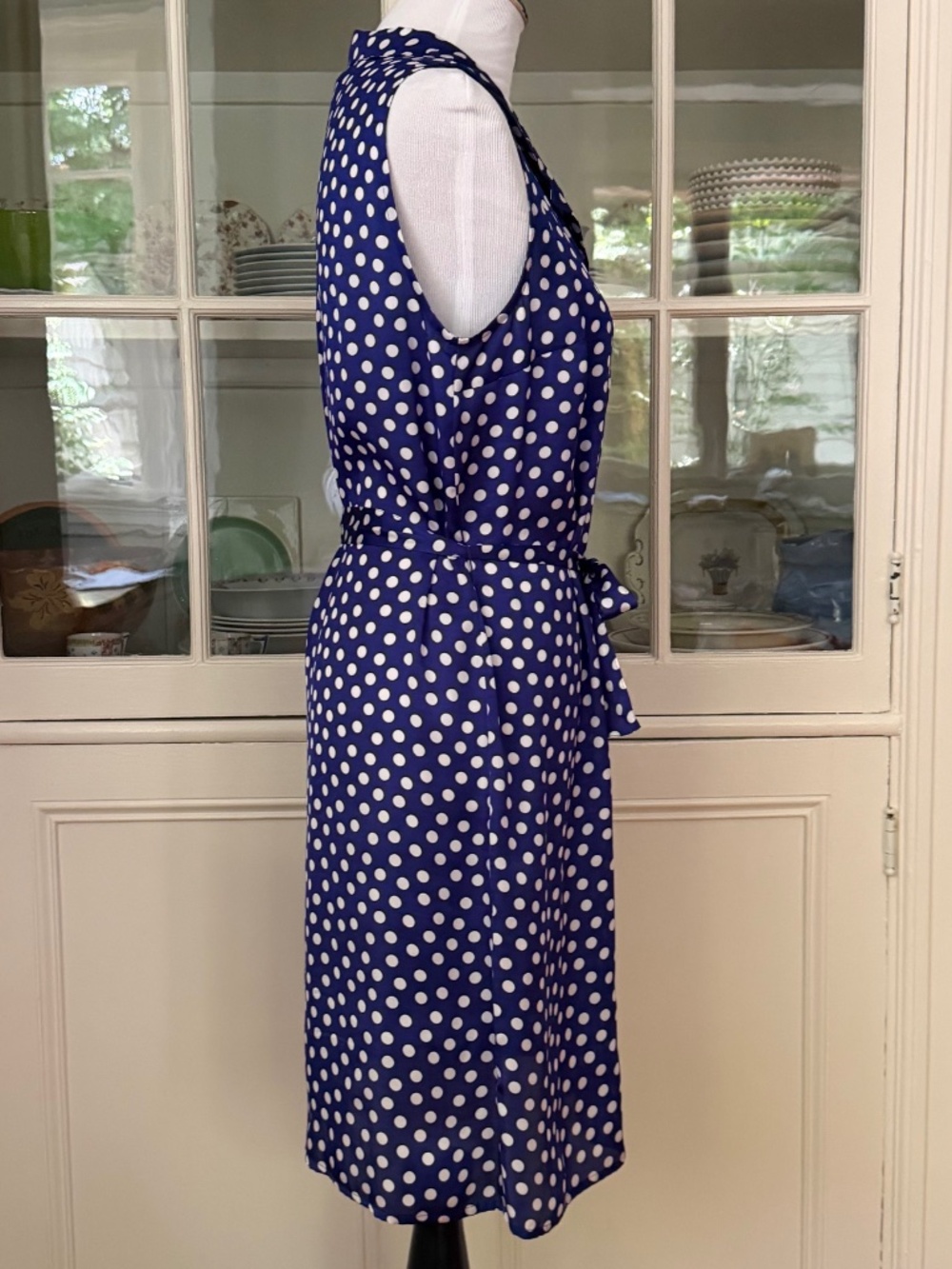 Agnes B. Blue & White Polka Dot Silk Dress, Size 42/US 10, Button Down, Sash - Picture 6 of 8